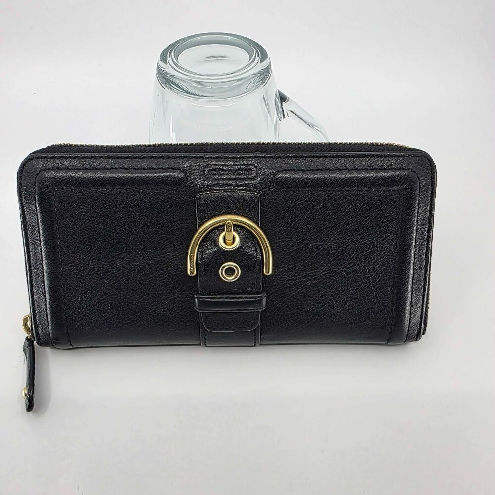 Coach Soho Black Leather Buckle Zip Around Accordion Wallet Gold Hardware - Picture 3 of 11